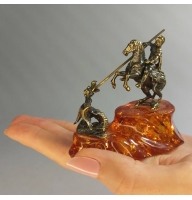 Фигурка с янтарем в бронзе - Георгий Победоносец - 45х90х80 мм