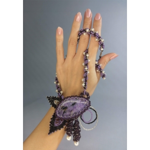 Колье из чароита и жемчуга в бисере - Валенсия - 50 см