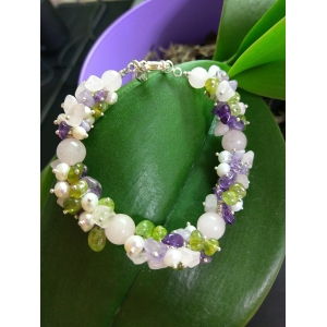 Браслет из аметиста, розового кварца, жемчуга и хризолита 22 см