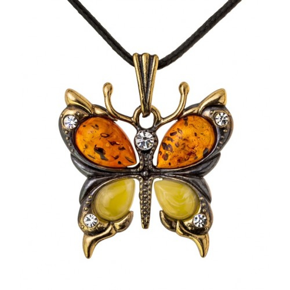 Кулон из янтаря в бронзе 35-45 мм - Бабочка со стразами