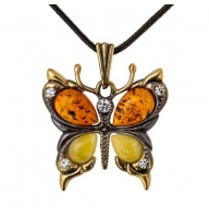 Кулон из янтаря в бронзе 35-45 мм - Бабочка со стразами