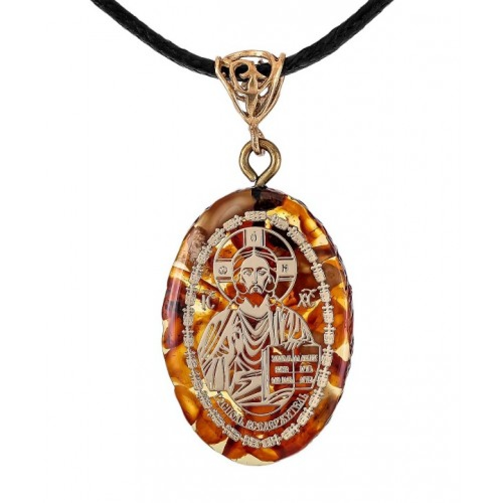 Кулон из янтаря в бронзе 20-30 мм - икона Господь Вседержитель