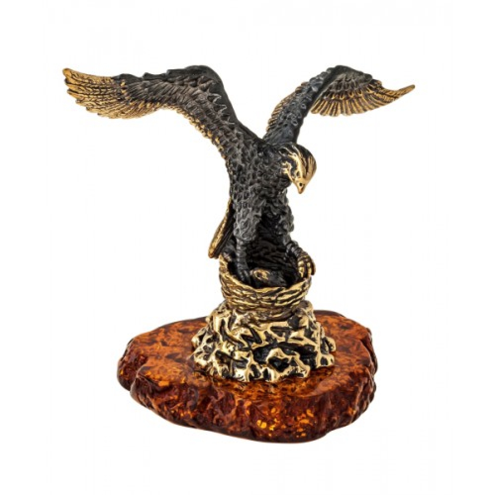 Фигурка с янтарем в бронзе - Птица Орёл на гнезде - 65х80 мм