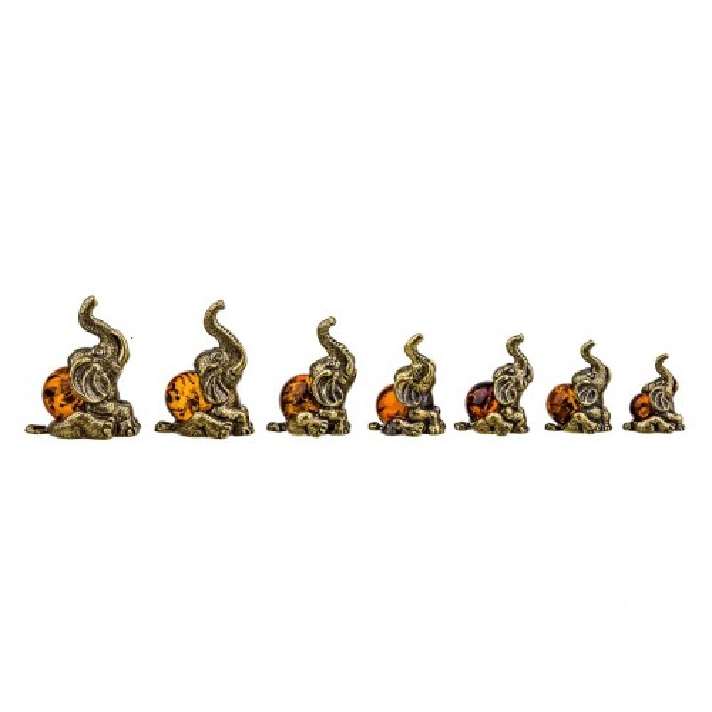 Фигурки с янтарем в бронзе - Слоники набор 7 штук - 16х27 мм - 25х40 мм