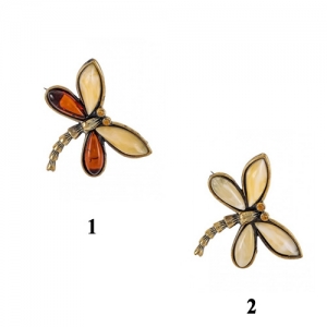 Брошь из янтаря в бронзе - Стрекоза 35х40 мм