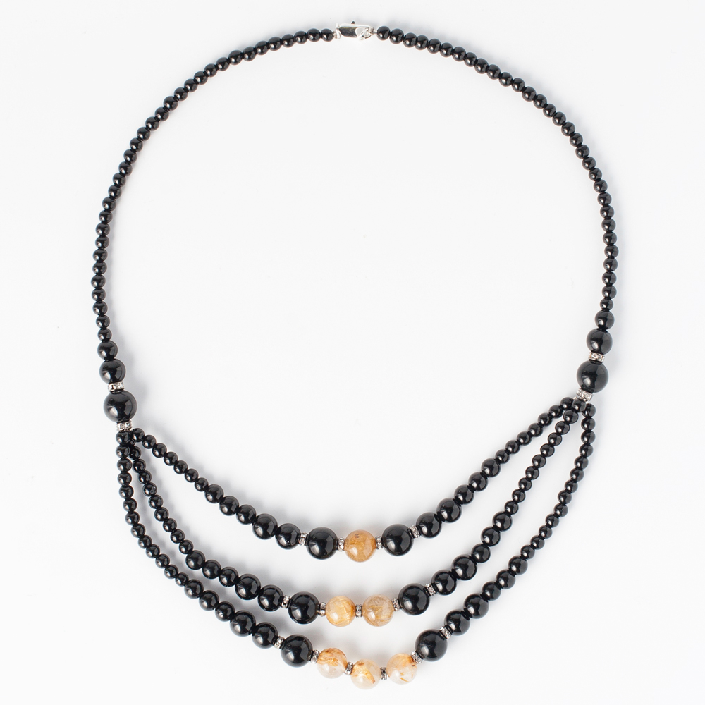 Ожерелье из волосатика (волосы Венеры) и агата черного (тройная нить) - Одетта - 56 см